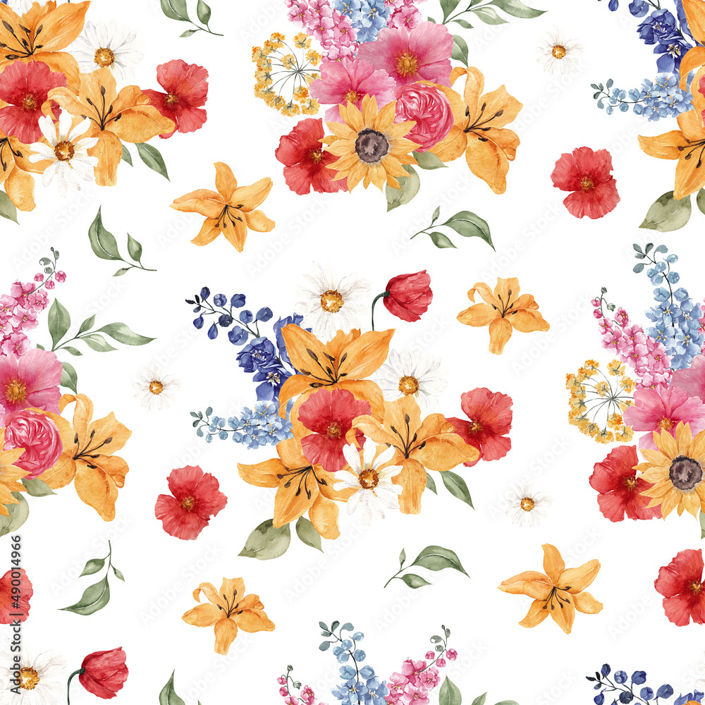 Seamless pattern with wildflowers and herbs, isolated on white background