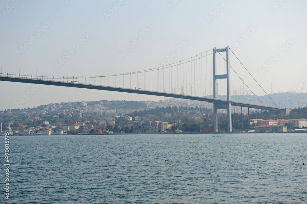 Istanbul / Turkey - 02.28.2017 : Coastal zone and architecture of the Bosphorus Strait. A bridge connecting Europe and Asia.