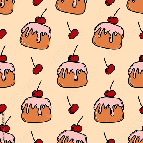 Cake with cherry seamless pattern. Cake sweet dessert for holiday. Vector illustration