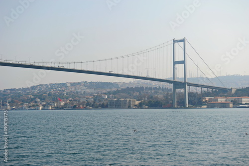 Istanbul   Turkey - 02.28.2017   Coastal zone and architecture of the Bosphorus Strait. A bridge connecting Europe and Asia.