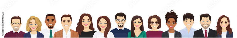 Portrait of happy diverse multiethnic business people standing together. Team of colleagues in different ages. Isolated vector illustration. Portrait of happy diverse multiethnic business people standing together. Team of colleagues in different ages. Isolated vector illustration.