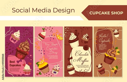 Cupcake shop, bakery with dessert set, vector illustration.