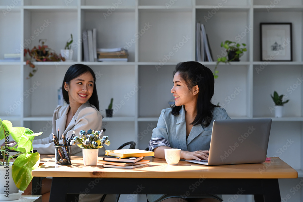 Two smiling young businesswomen working together at bright modern workplace. Two smiling young businesswomen working together at bright modern workplace.
