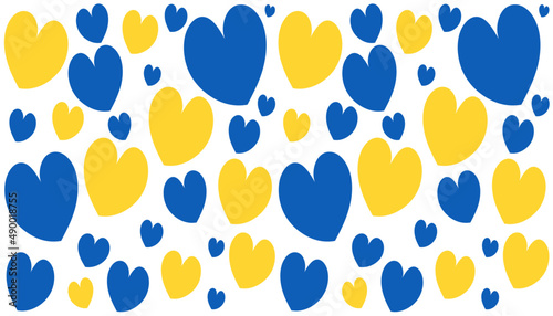 Yellow and blue hearts. Heart icon with colors of Ukrainian flag. Crisis in Ukraine. Vector illustration. Transparent wide panorama background.