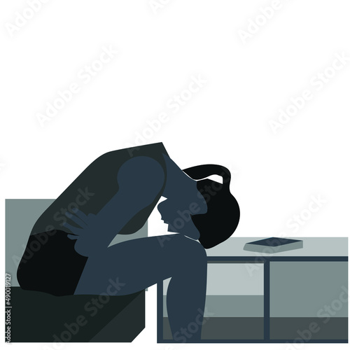 Woman with stomachache leaning Icon stock illustration. The icon depicts the unhealthy young woman with  stomachache leaning on the bed at home.