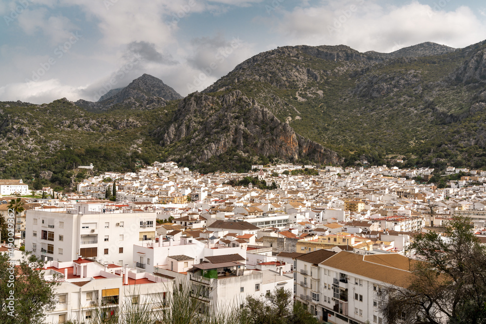 view of the idyllic whitewashed Andalusian town of Ubrique in the Los Alcornocales Nature Park
