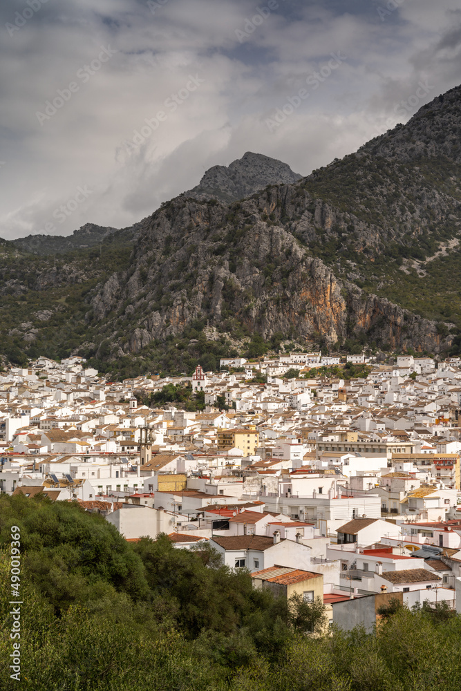 vertical view of the idyllic whitewashed Andalusian town of Ubrique in the Los Alcornocales Nature Park