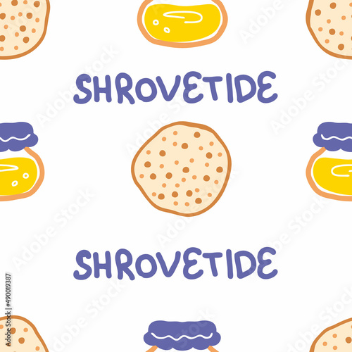 Hand drawn Shrovetide seamless pattern with pancakes and text . Perfect for textile, menu, postcard and print. Doodle vector illustration for decor and design.