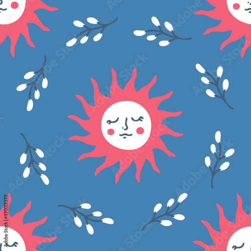 Hand drawn spring seamless pattern with sun and wreath of willow branches. Perfect for T-shirt, textile and print. Doodle vector illustration for decor and design.
