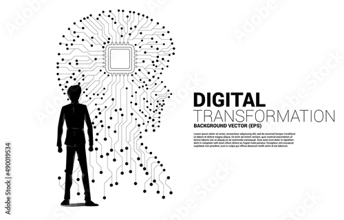 silhouette of businessman standing with man head from dot connect line circuit board style with processor . Concept background human future and technology