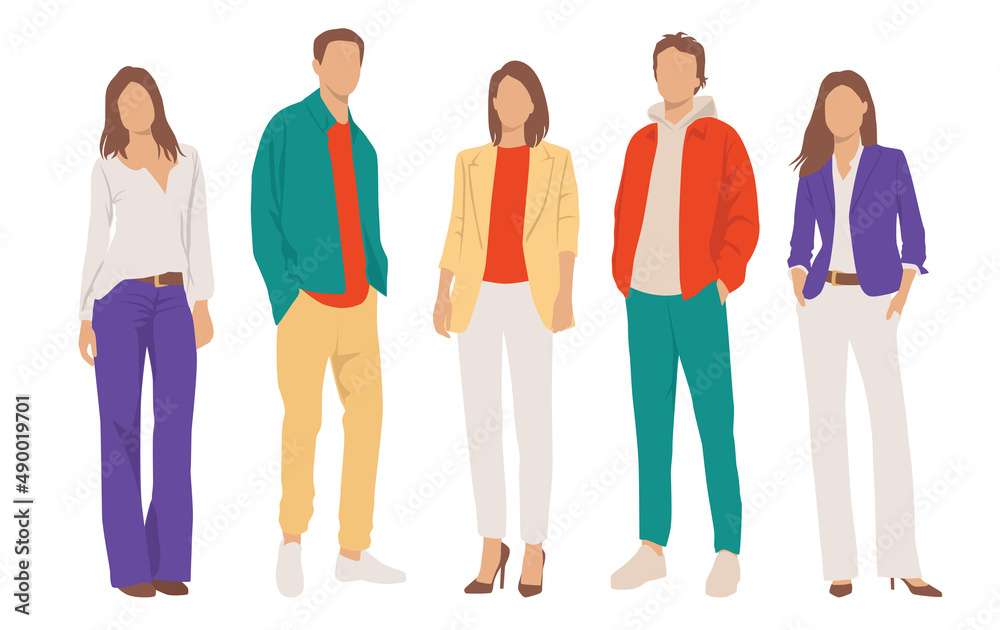 Set of young men and women, different colors, cartoon character, group of silhouettes of standing business people, students, the design concept of flat icon, isolated on white background Set of young men and women, different colors, cartoon character, group of silhouettes of standing business people, students, the design concept of flat icon, isolated on white background