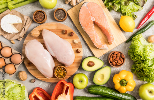 top view of the keto or ketogenic diet on a gray background. a set of healthy foods with a high protein content and a good source of fat