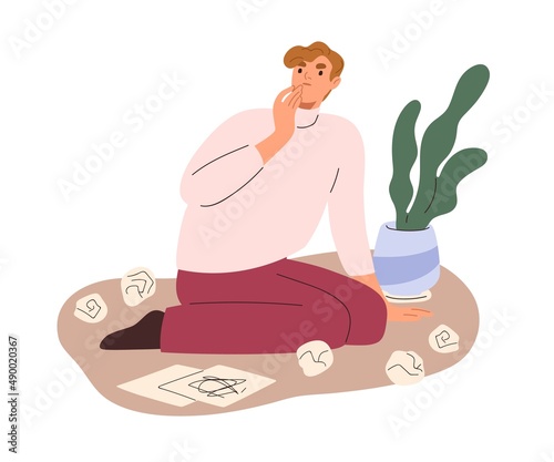 Creative writer with crumpled papers around. Creativity crisis concept. Confused author with difficulties, problems in thinking, creating process. Flat vector illustration isolated on white background