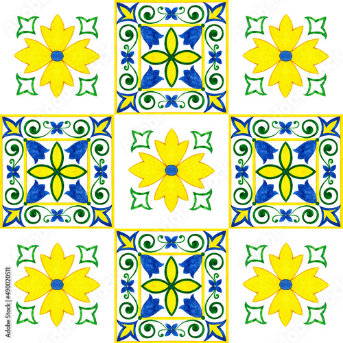 Watercolor Maiolica, Vietri, Spain, Sicilian, Italian, Mediterranean traditional seamless pattern. Ceramics majolica tile ornament. Blue yellow, white repeat print.