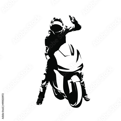 Road bike racing. Biker celebrates victory, isolated vector silhouette, ink drawing. Motorbike sport logo