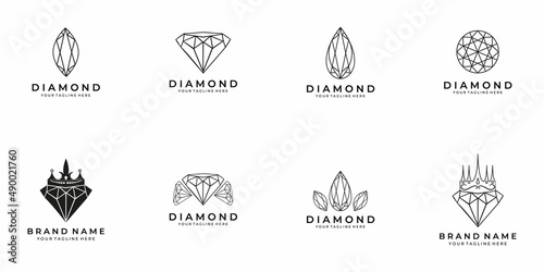 diamond logo set design art icon vector illustration flat brilliant vintage crystal royal line outline linear