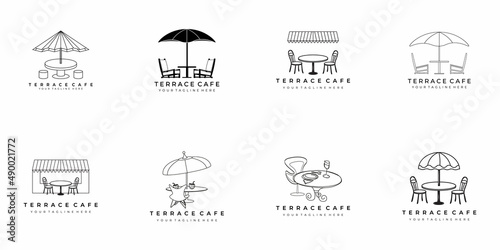 Photo set terrace cafe logo line art vector illustration design creative nature minima