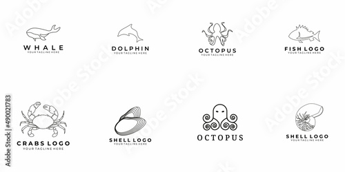 sea animal logo illustration vector design nature icon whale dolphin octopus fish crabs shell