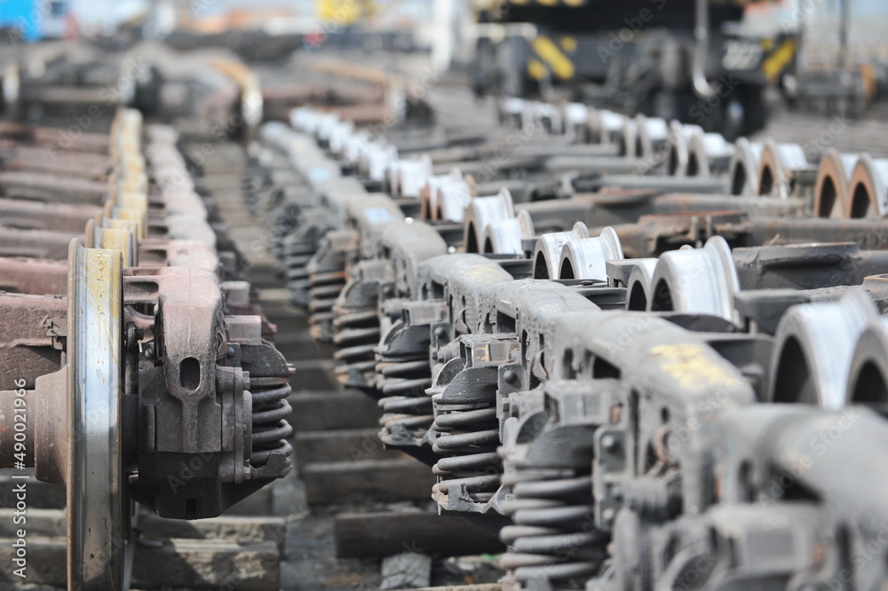 Obraz premium Almaty region / Kazakhstan - 04.11.2012 : Railway wheel. The running gear for locomotives is on the rails.