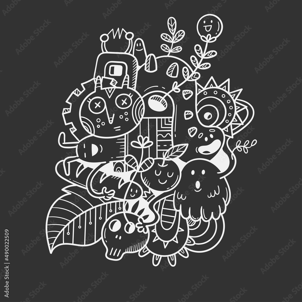 Card with funny creatures. Doodle print with fantasy characters. Line art poster. Card with funny creatures. Doodle print with fantasy characters. Line art poster.