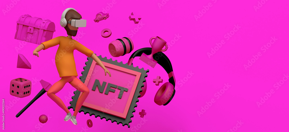 Man floating using virtual reality headset and getting non fungible tokens, NFT in video game. Copy space. 3D illustration. Cartoon. Man floating using virtual reality headset and getting non fungible tokens, NFT in video game. Copy space. 3D illustration. Cartoon.