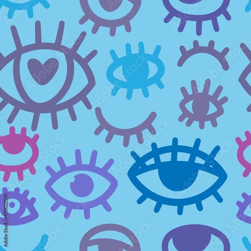 Seamless pattern with different eyes on blue background. Doodle cartoon print. Line art funny wallpaper.
