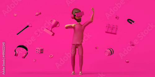 Man playing with virtual reality headset on green background with elements of online games. Copy space. 3D illustration. Cartoon.