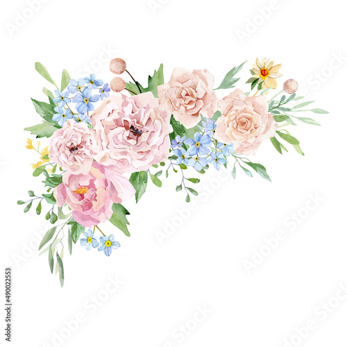 Watercolor floral corner border.  Blush pink rose, peonies, blue wildflowers with leaves and branch isolated on white background. Spring illustration for wedding invitation, design logo