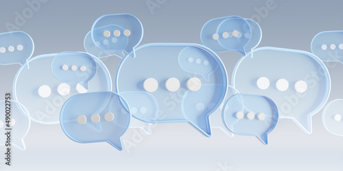 Minimalist blue and white speech bubbles talk icons floating over grey background. Modern conversation or social media messages with shadow. 3D rendering