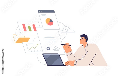 Business man signing electronic document online at laptop computer. CEO and financial data, information in graphs, charts for digital report. Flat vector illustration isolated on white background