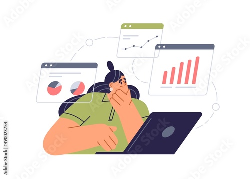 Employee works online with business electronic documents, analyzing financial charts and graphs. Person studying data, report at laptop computer. Flat vector illustration isolated on white background