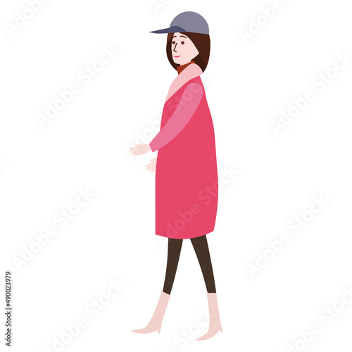 Young Woman winter cold weather clothes, cap, warm coat, boots. Cartoon flat style