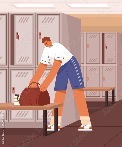 Athlete with bag in gyms dressing room with lockers, cabinets and bench. Young man changing clothes for workout in fitness club. Sportsman in cloakroom, wardrobe. Flat vector illustration photo