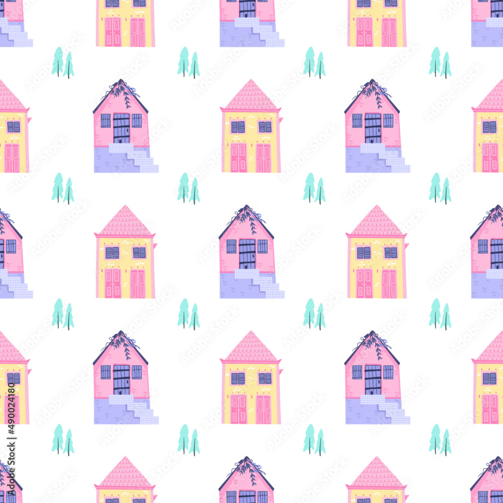Seamless pattern with cute houses. Hand drawn vector illustration for nursery textile or wallpaper design.