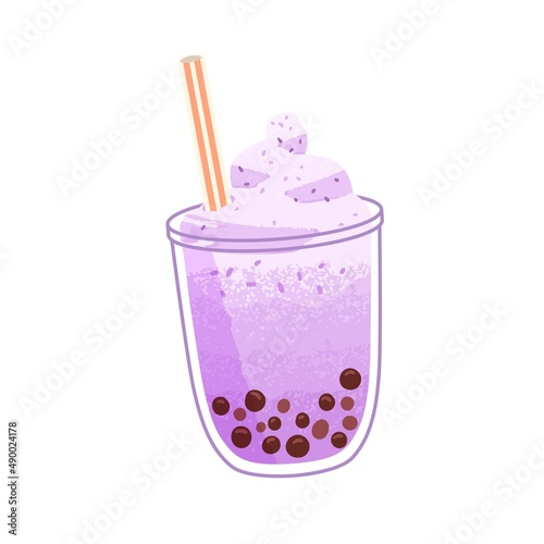 Bubble pearl tea in glass cup. Taro boba milk drink with cream and straw. Asian tapioca beverage with coffee beans. Sweet Thai milkshake. Flat vector illustration isolated on white background