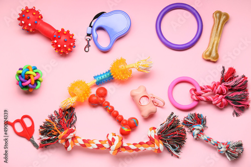Set of pet care accessories on pink background