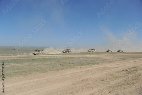 Almaty / Kazakhstan - 04.19.2012 : Special vehicles and soldiers perform tasks in the open space. Tactical exercises of the Kazakh army.