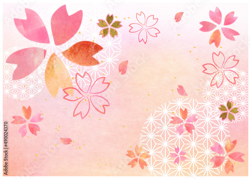 桜_水彩_ピンク和紙背景