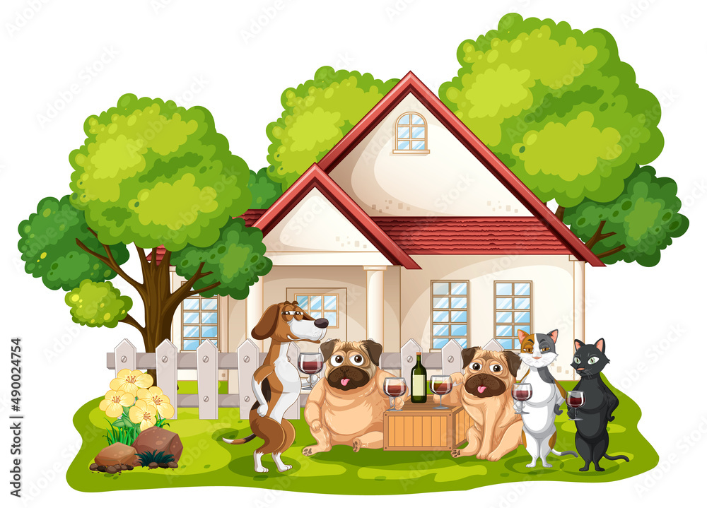 Many dogs and cats drinking wine at home Many dogs and cats drinking wine at home