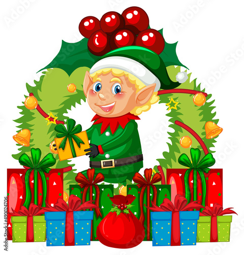Cute elf Christmas wreath with many gift boxes