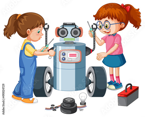 Children fixing a robot together