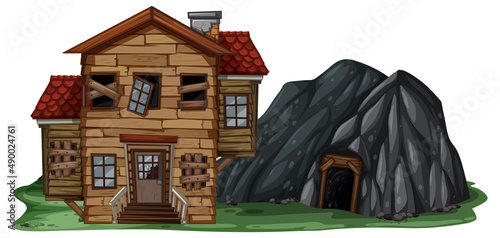 An abandoned house with a rock cave on white background