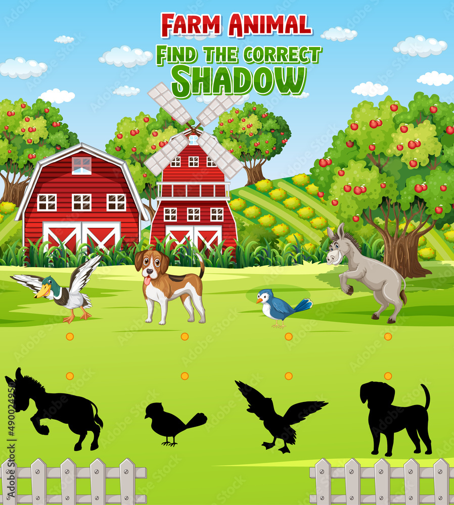 Fototapeta premium Matching Farm animal shadow worksheet