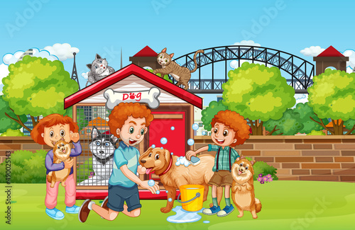 Outdoor scene with happy family and dogs