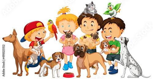 Children playing with their dogs in cartoon style