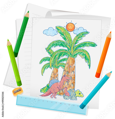 A paper with a doodle sketch design with color and colour pencils