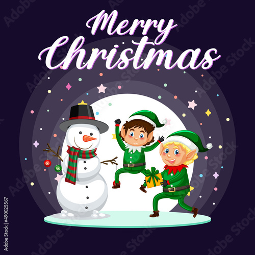 Merry Christmas poster design with cute elves and snowman