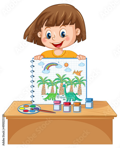 A girl holding notebook with a doodle sketch design on white background