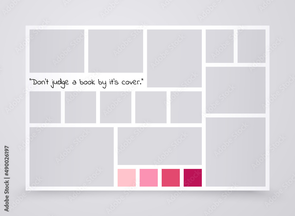 Fototapeta premium Moodboard grid. Photo collage template. Mood board background. Banner with pictures. Mosaic frames. Photography album layout. Mockup design with colour palette and quote. Vector simple illustration