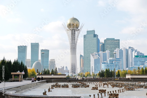 Nur-Sultan / Kazakhstan - 10.02.2020 : Square, administrative and office buildings near the Baiterek monument.